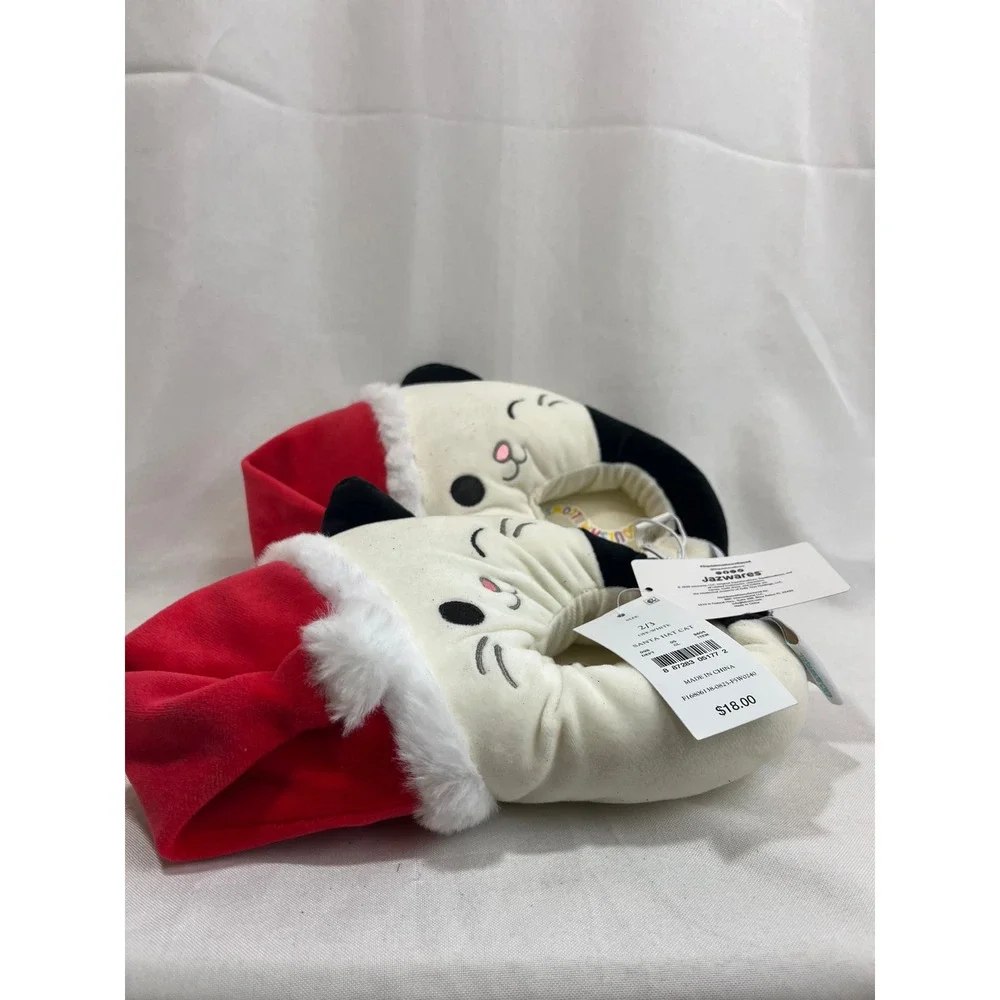 Squishmallows Santa Hat Cat Plush Slippers Kids Size 2/3 Off-White Black Holiday